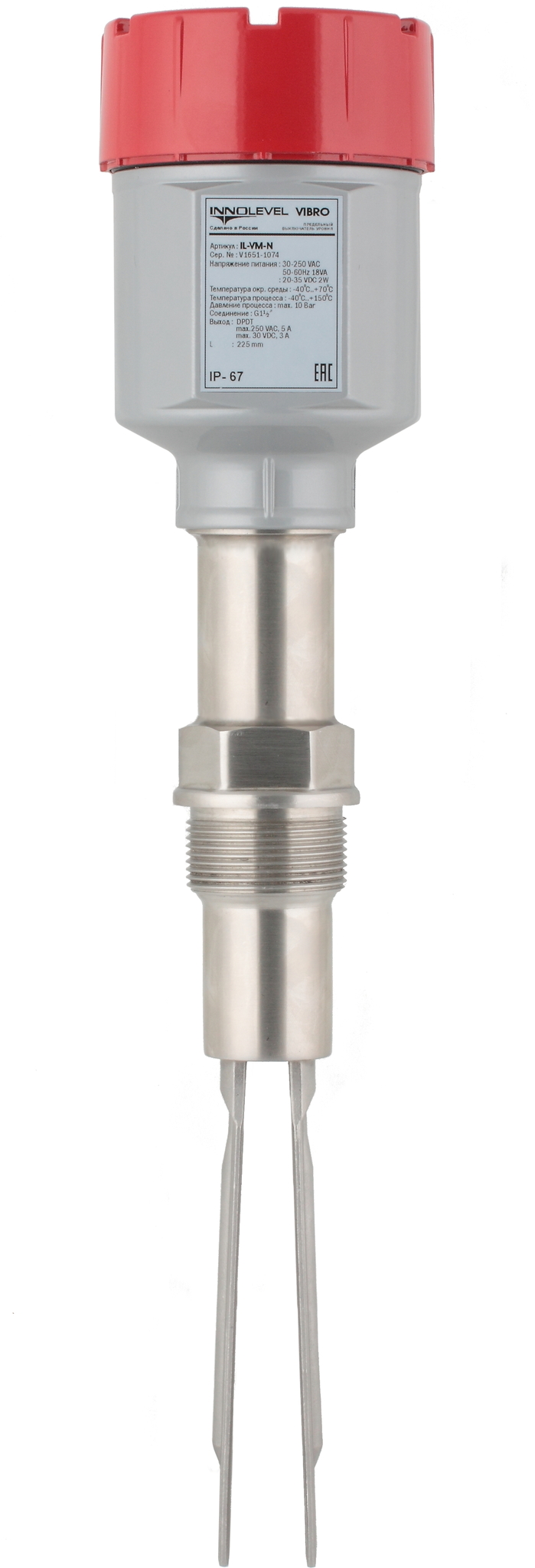 Вибрационный датчик предельного уровня сыпучих материалов в алюм. корпусе, -40 +150 С, Pmax=10 bar, 22-265 VAC - 20-46 VDC, IP 67, чувств. от 10 г/л, соединение- резьба G 1 1/2", нерж. сталь 304, удлинение 3000 мм, нерж. сталь 304, выход- реле DPDT